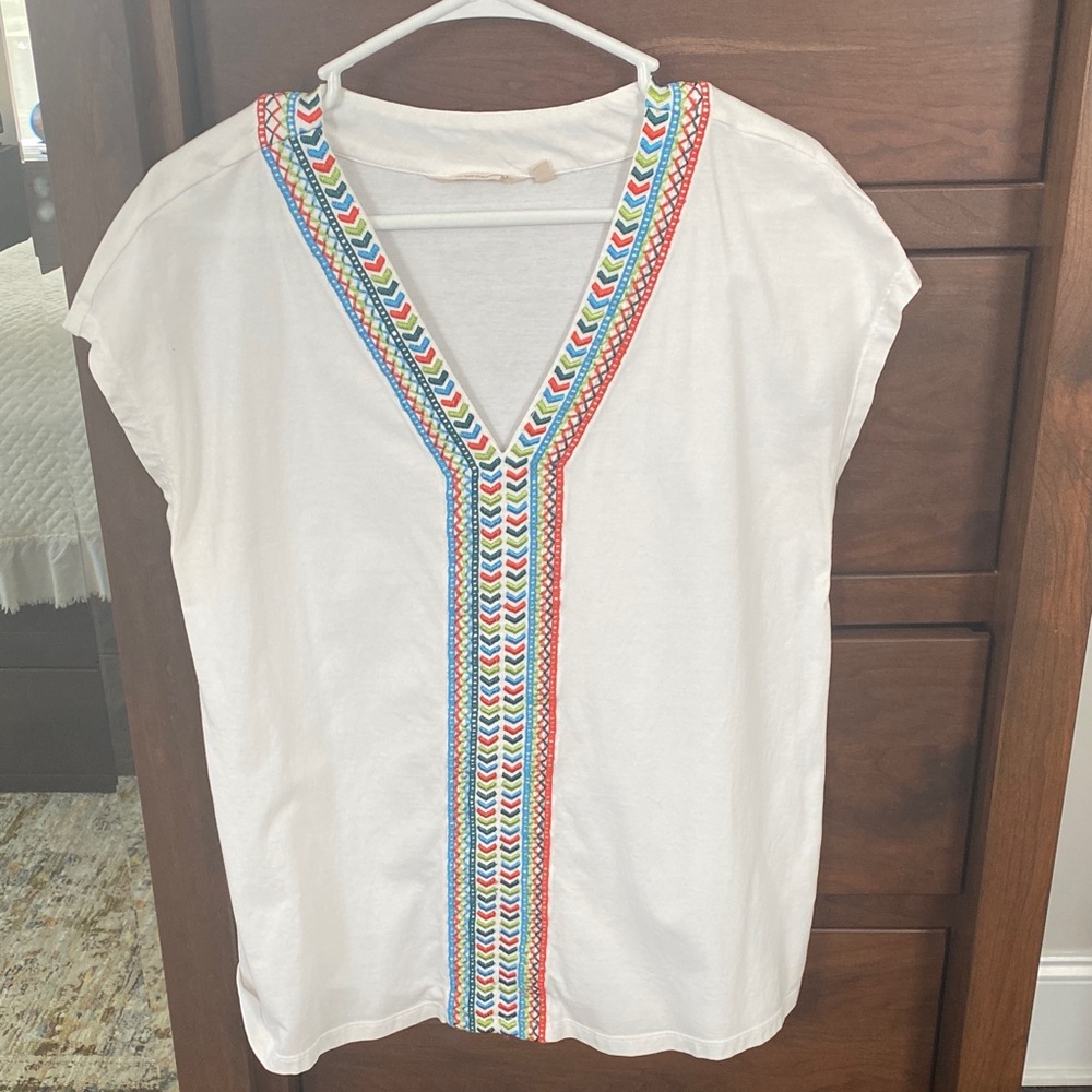 Soft Surroundings White V-Neck Tunic with Colorful Embroidery